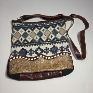 Myra Bag Kingly Shoulder Bag - Embossed Leather & Upcycled Rug/Canvas Crossbody
